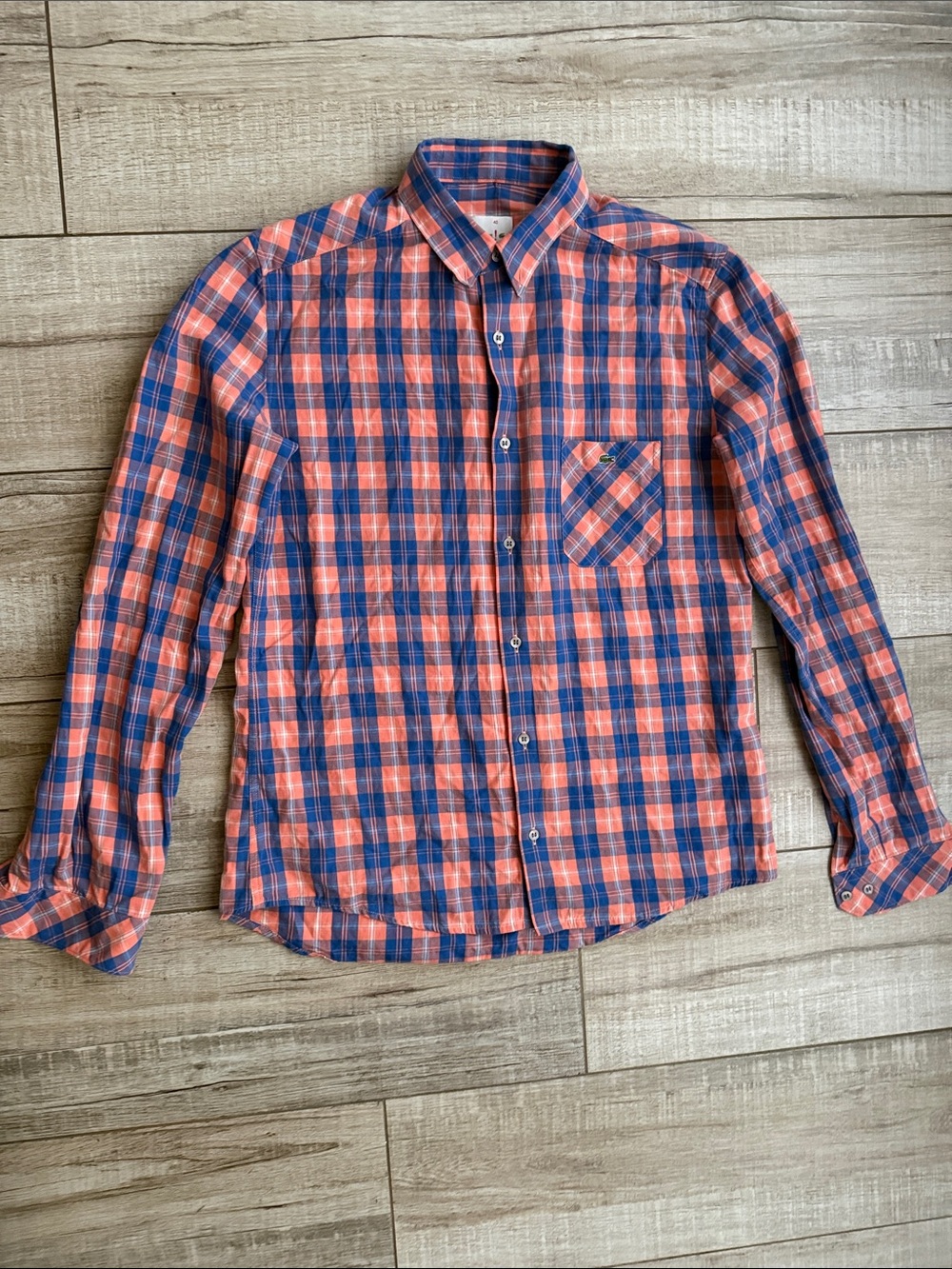 Lacoste Made in France Plaid Button Down Shirt Size 40 US M Vintage Blue Coral